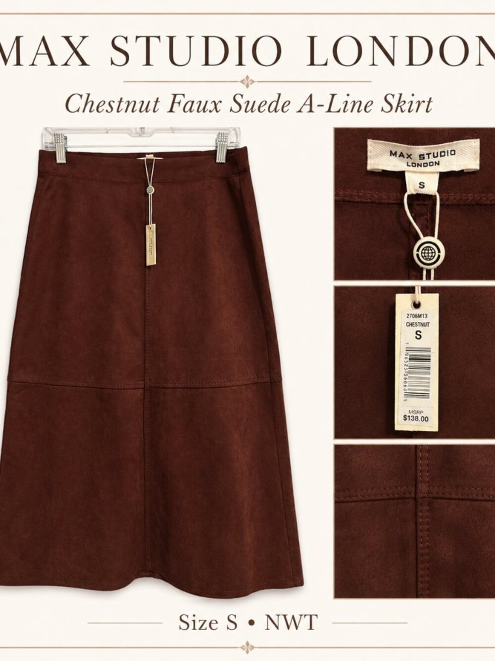 NWT Max Studio London Chestnut Faux Suede A-Line Midi Skirt Size S $138